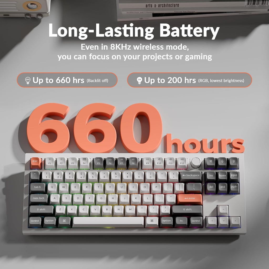 Teclado mecánico inalámbrico Keychron Q3 Ultra Tasa de sondeo 8KHz, TKL 2.4G/Bluetooth 5.3/por cable Hasta 660 horas de batería, Hot-Swappable Aluminio RGB para Mac/Windows/Linux—Blanco