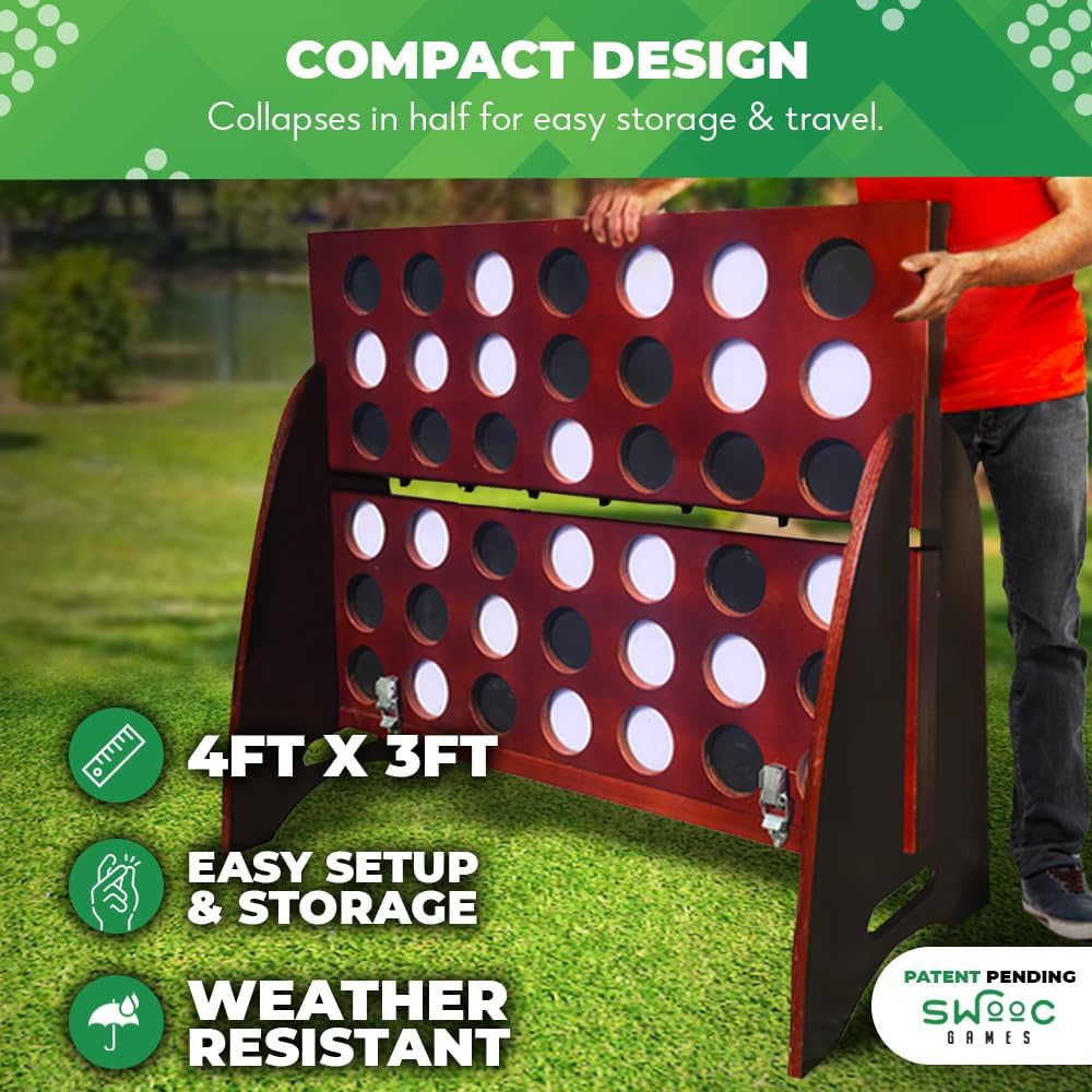 Swooc Juegos - Premium XL Giant 4 in A Row (4 pies x 3 pies) para todo tipo de clima con funda de transporte y diseño 60% más silencioso - Juego gigante para conectar al aire libre - Juegos al aire