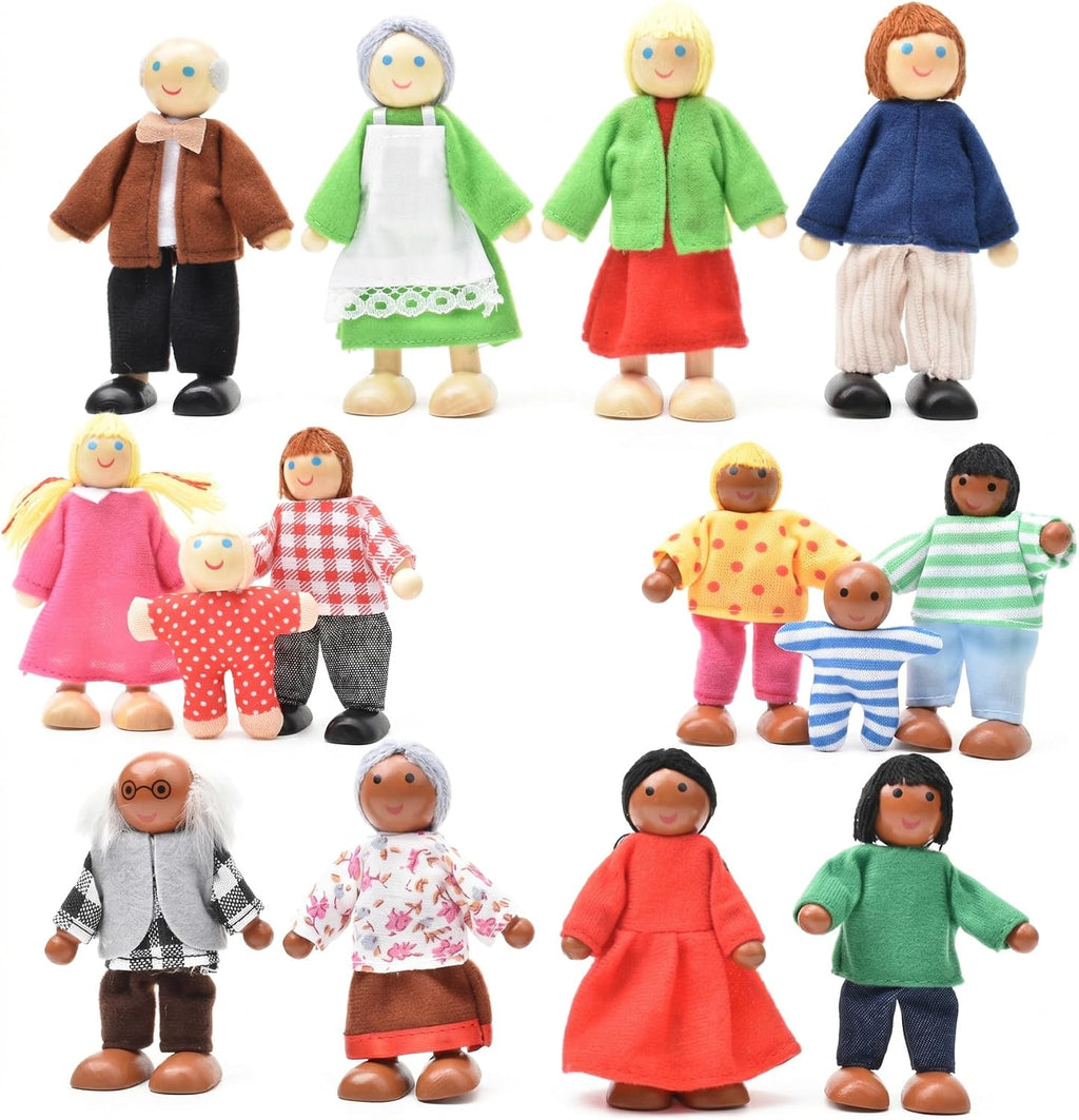 14 figuras de madera de personas de casa de muñecas, muñecas de madera posables para niñas y niños pequeños, juguete de simulación multicultural