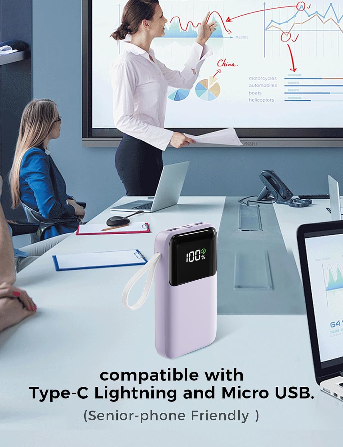 Cargador portátil de 15000 mAh con cable integrado, carga rápida de...