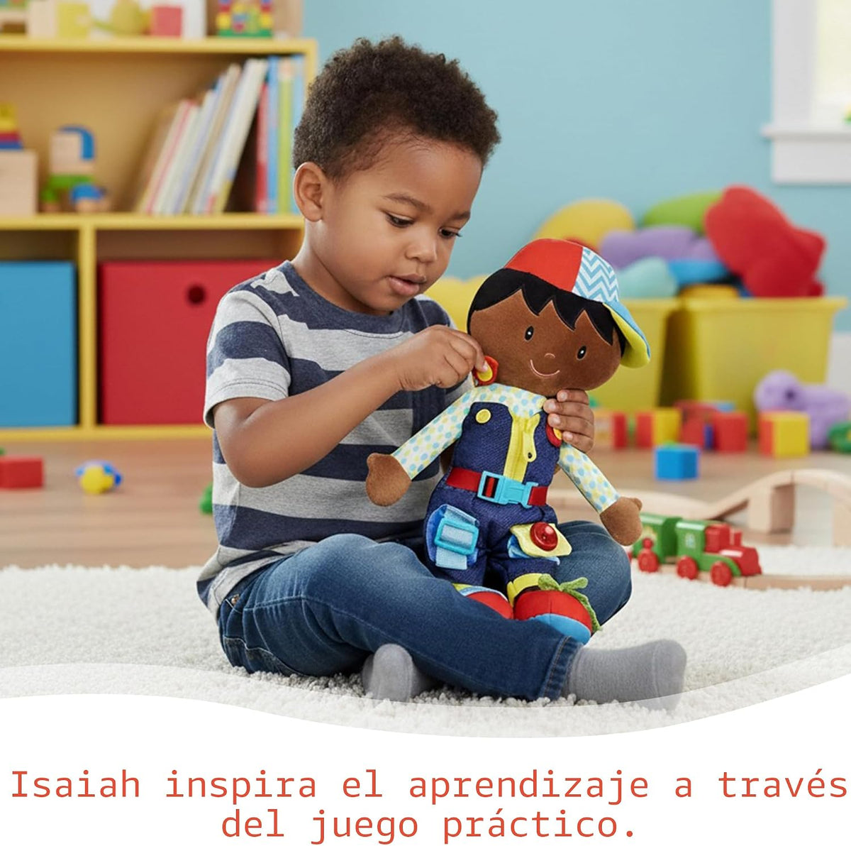 June Garden Dressy Friends Lucas de 15.5 pulgadas, muñeca de peluche educativa para niños y niños pequeños de 2 años en adelante, juguete suave con hebilla Montessori