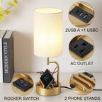 Lámpara Dreamholder - 2 lámparas de mesa con 3 puertos de carga USB, moderna lámpara de escritorio con toma de corriente alterna y soportes para teléfono, para dormitorio, sala de estar y oficina, dorado