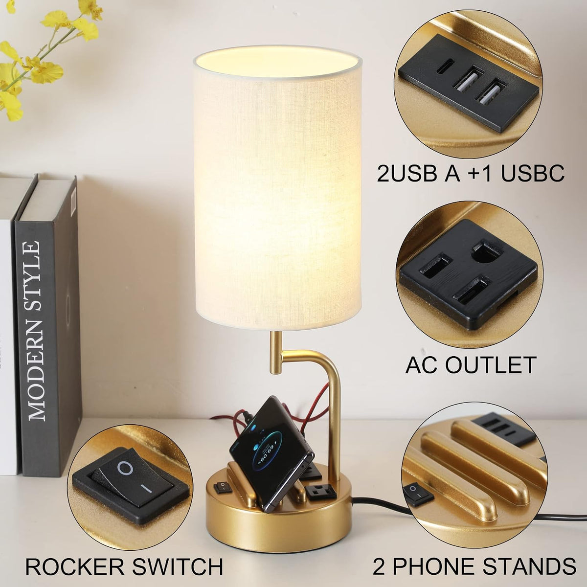 Lámpara Dreamholder - 2 lámparas de mesa con 3 puertos de carga USB, moderna lámpara de escritorio con toma de corriente alterna y soportes para teléfono, para dormitorio, sala de estar y oficina, dorado