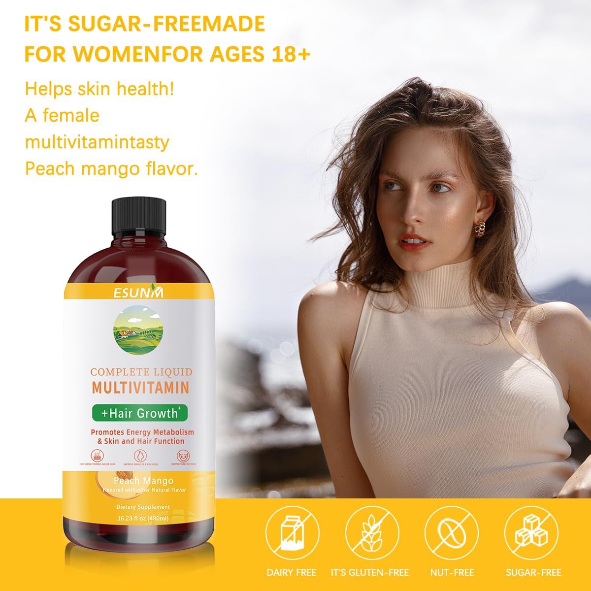 Multivitamínico líquido completo + crecimiento del cabello, promuev...