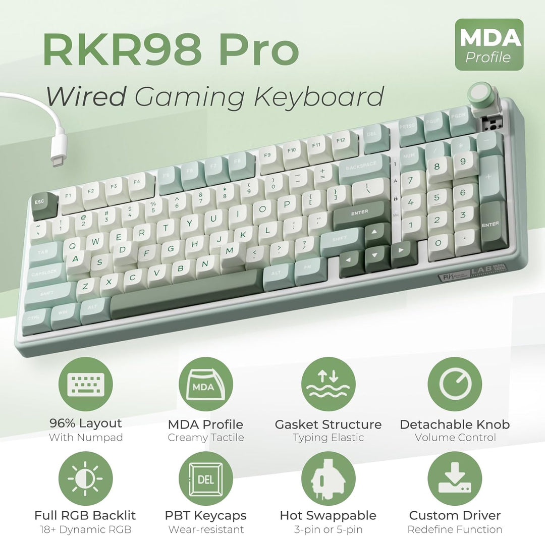 RK ROYAL KLUDGE R98 Pro - Teclado mecánico con cable, teclado RGB p...