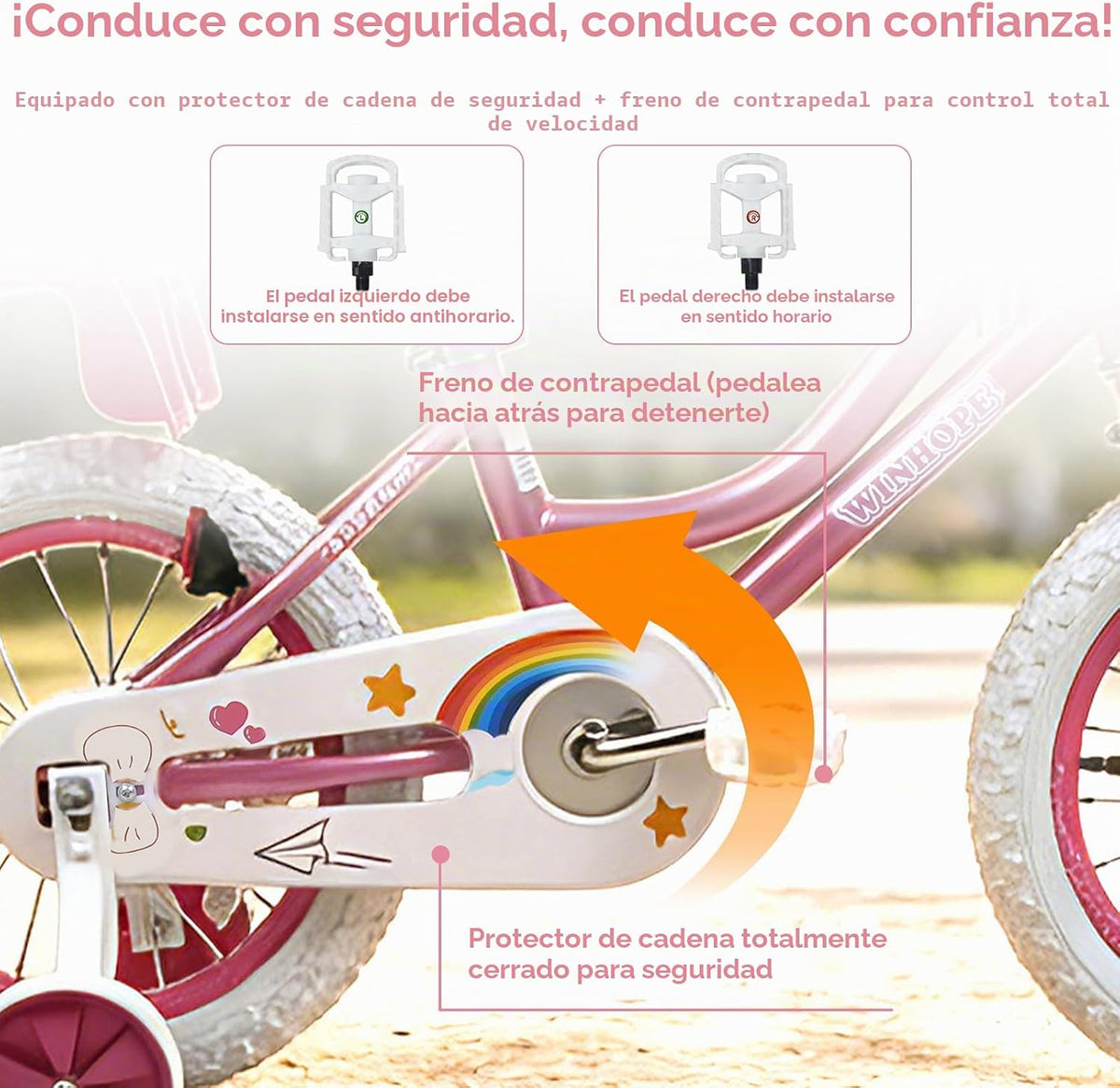 Bicicleta WinHope Fairy Girls con Asiento para Muñeca, Bicicleta Infantil de 12-20 Pulgadas para Edades 2-12