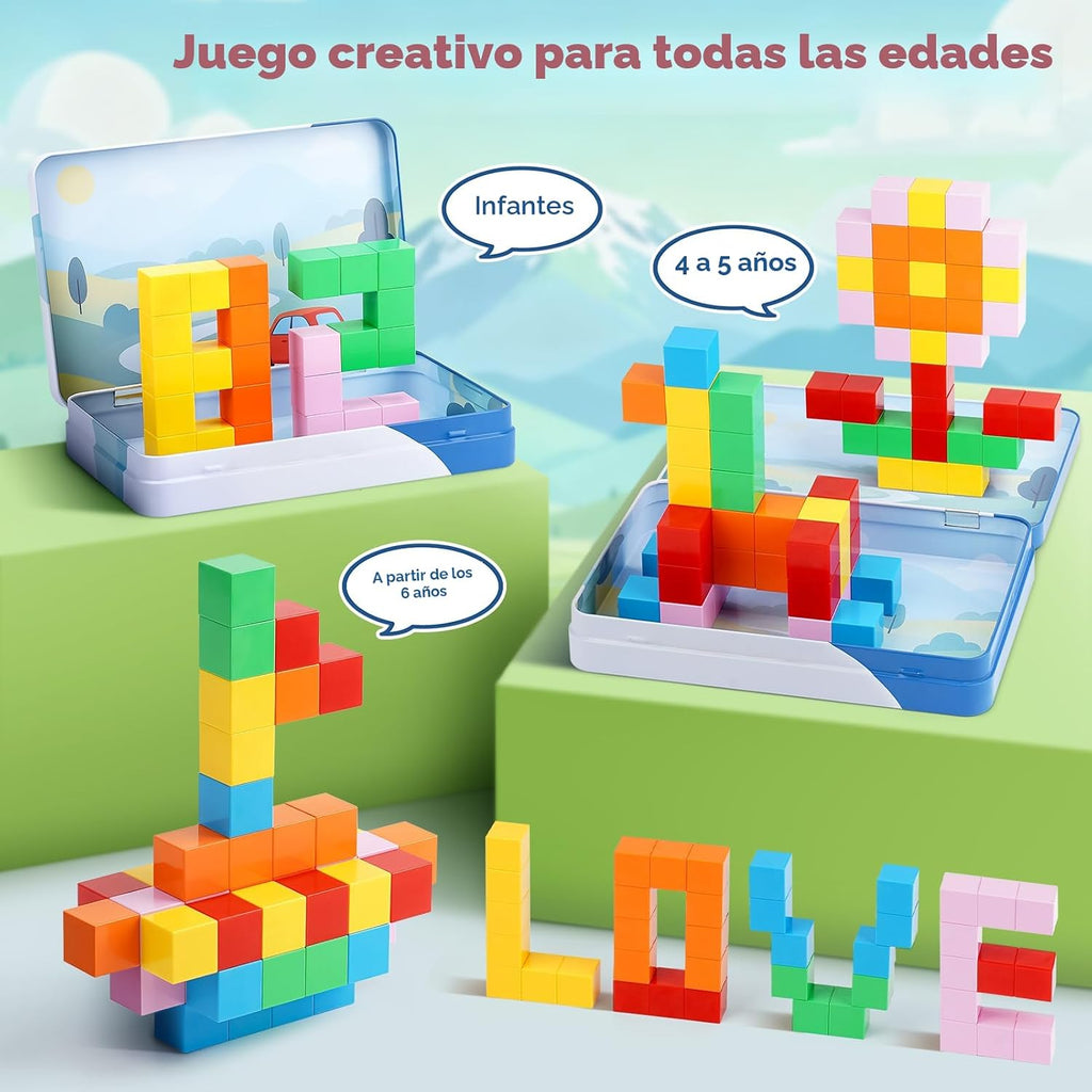 52 bloques magnéticos con caja de metal, mini cubos de construcción de 0.8 pulgadas, juguete de viaje