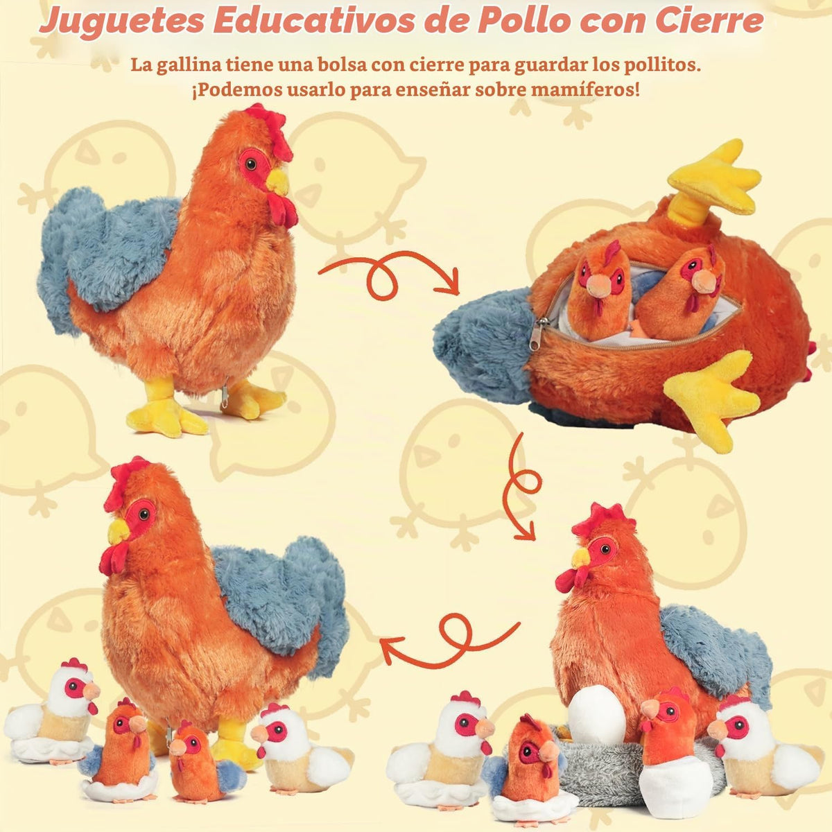 Juego de animales de peluche de pollo 9 en 1, lindo juguete de peluche de gallina ponedora de huevos con cremallera y pollitos de juguete, pollos, huevos y gallinero, juguetes para niños y niñas, regalos de peluche de cumpleaños y Navidad