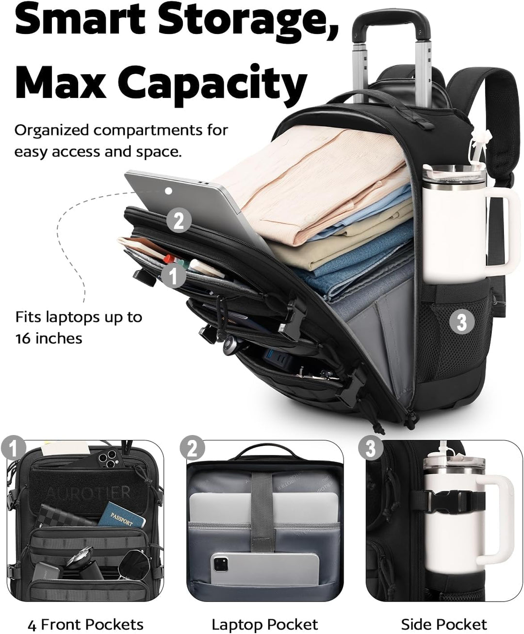 AUROTIER Mochila Táctica con Ruedas para Laptop, Equipaje de Mano c...