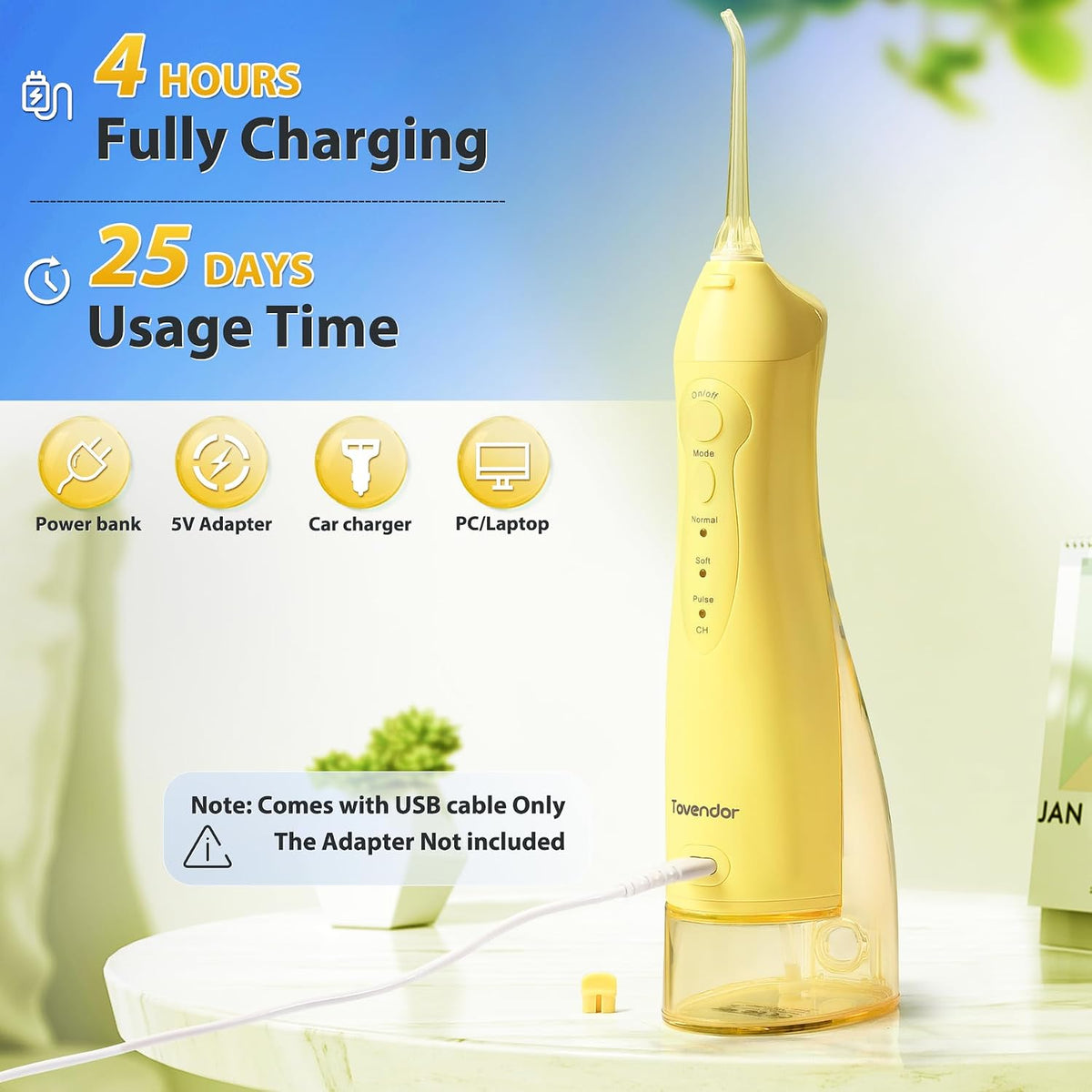 TOVENDOR Irrigador dental eléctrico de agua, hilo dental inalámbrico, irrigador oral IPX7, Amarillo