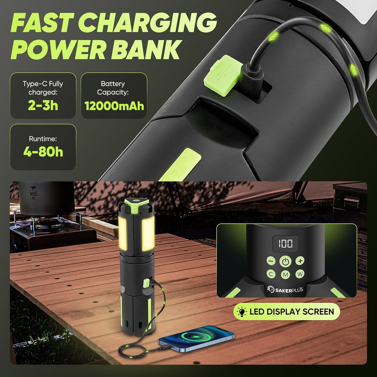 Lámpara SakerPlus Luz de camping portátil, linterna LED recargable de 5000LM