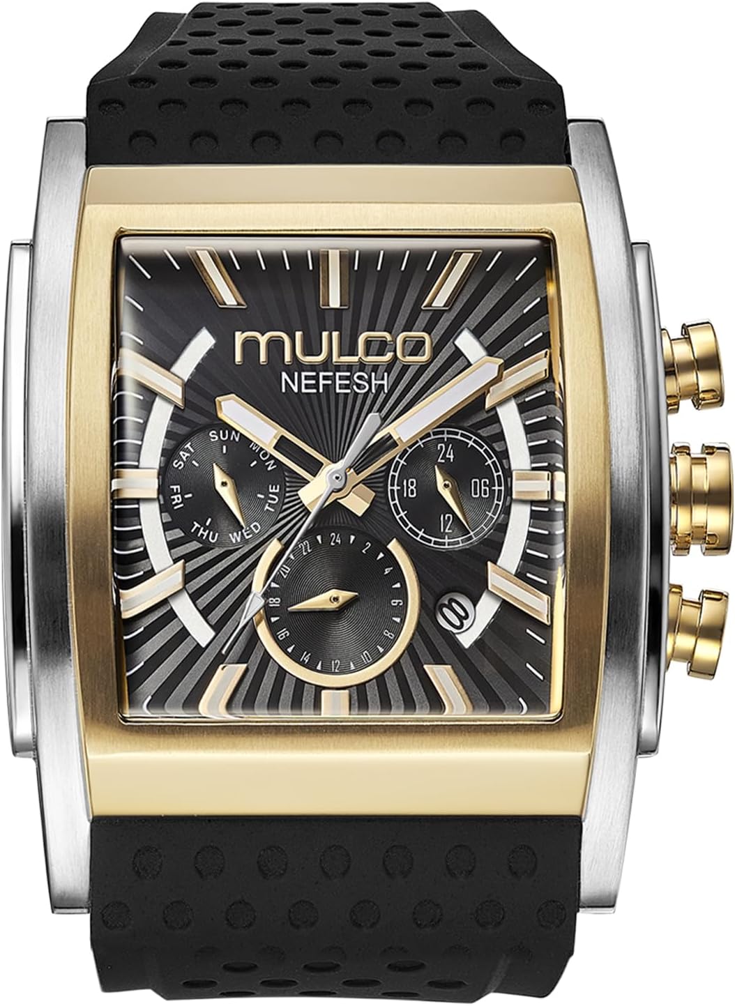 MULCO Relojes Kripton Square - Caja de acero inoxidable de 1.811 in, color negro con correa de silicona para muñeca, movimiento multifuncional de cuarzo para día y fecha, pantalla analógica de cara