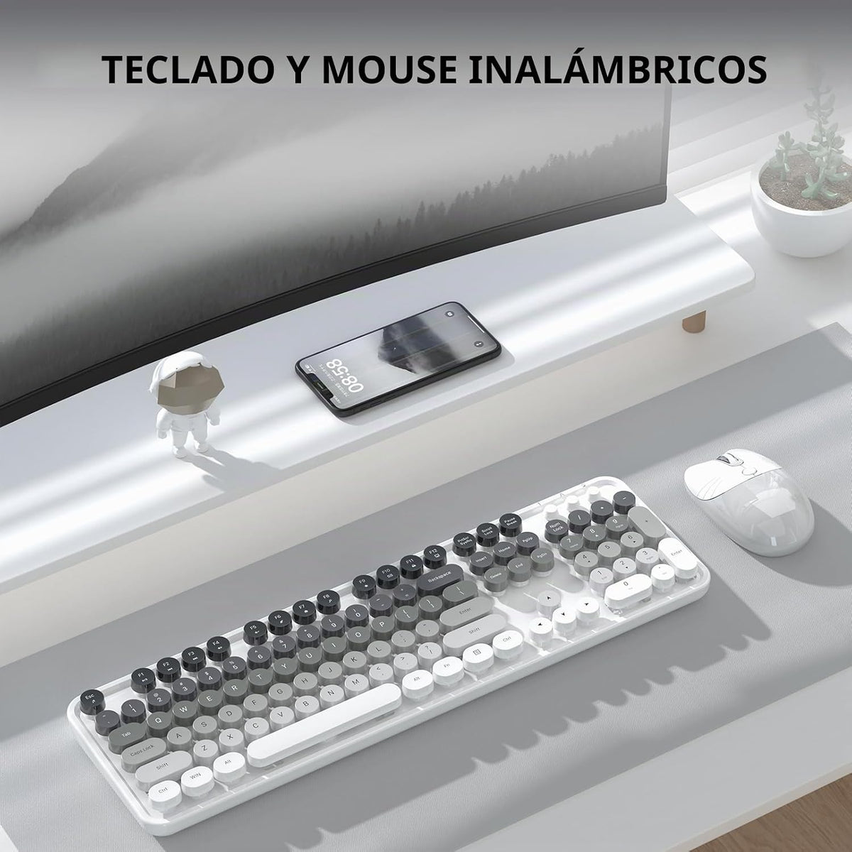 Teclado y ratón inalámbricos cremosos, MOFII 104 teclas redondas de...