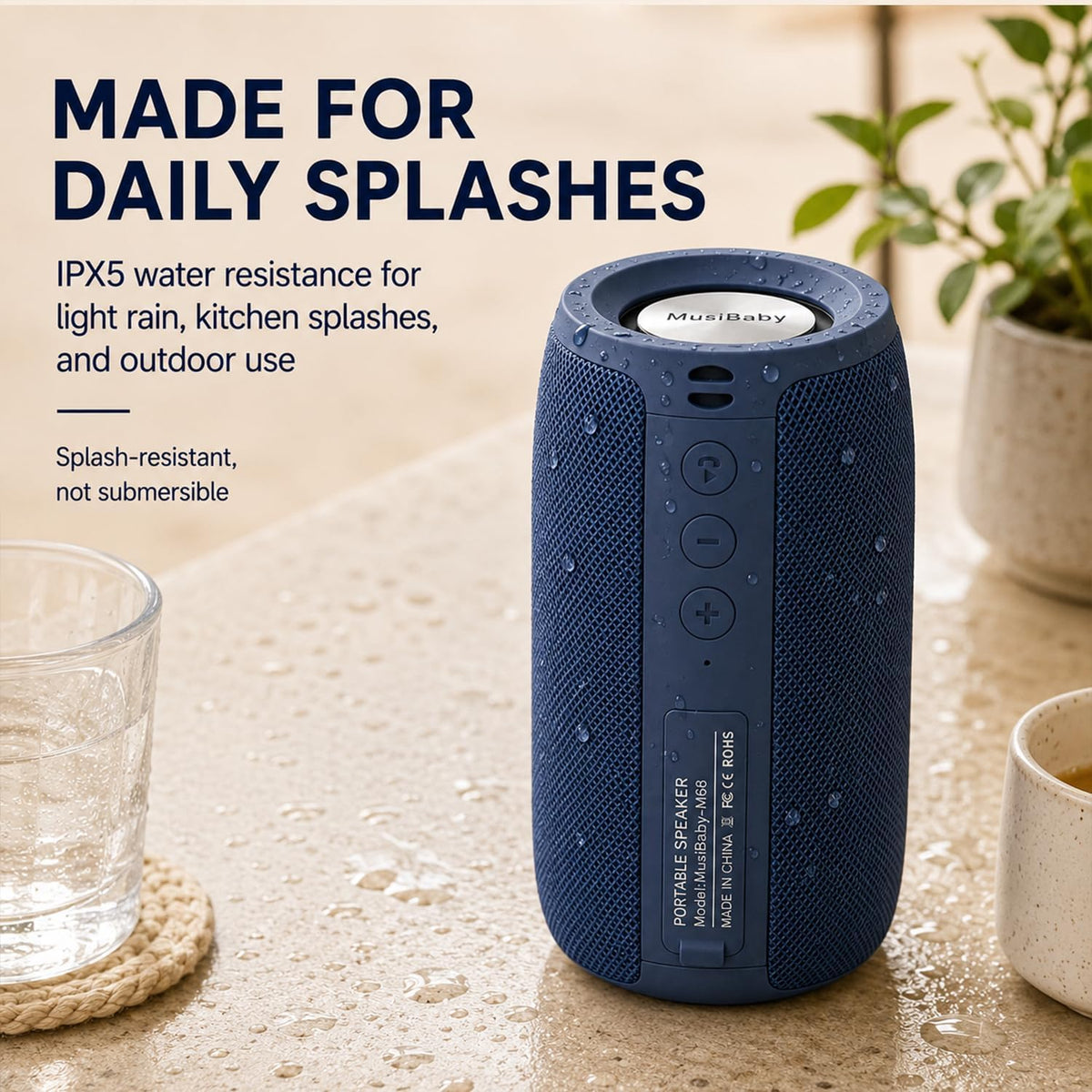 Altavoz Bluetooth Musibaby M68, 12W, IPX5, FM, USB AUX, Azul Oscuro...