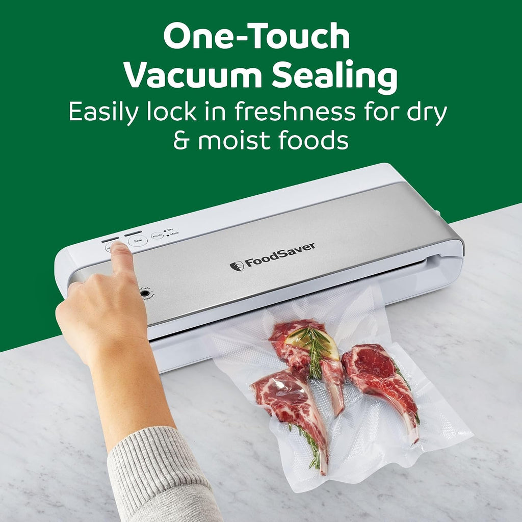 Máquina selladora al vacío compacta FoodSaver con bolsas herméticas y rollo - Ideal para Sous Vide y almacenamiento hermético de alimentos, blanco