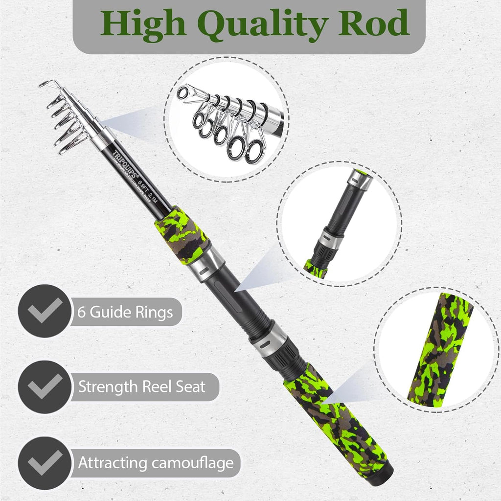 Tripquips Combo de caña de pescar y carrete con red de pesca, kit de caña de pescar telescópica de 6.9 pies con alicates de pesca, agarre de labios, señuelos de pesca, combo de carrete giratorio