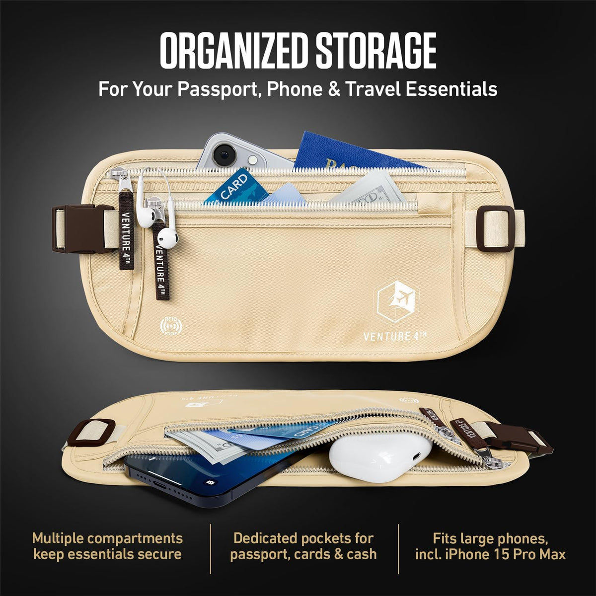 VENTURE 4TH Cinturón de dinero de viaje, RFID bloqueo pasaporte titular - Beige