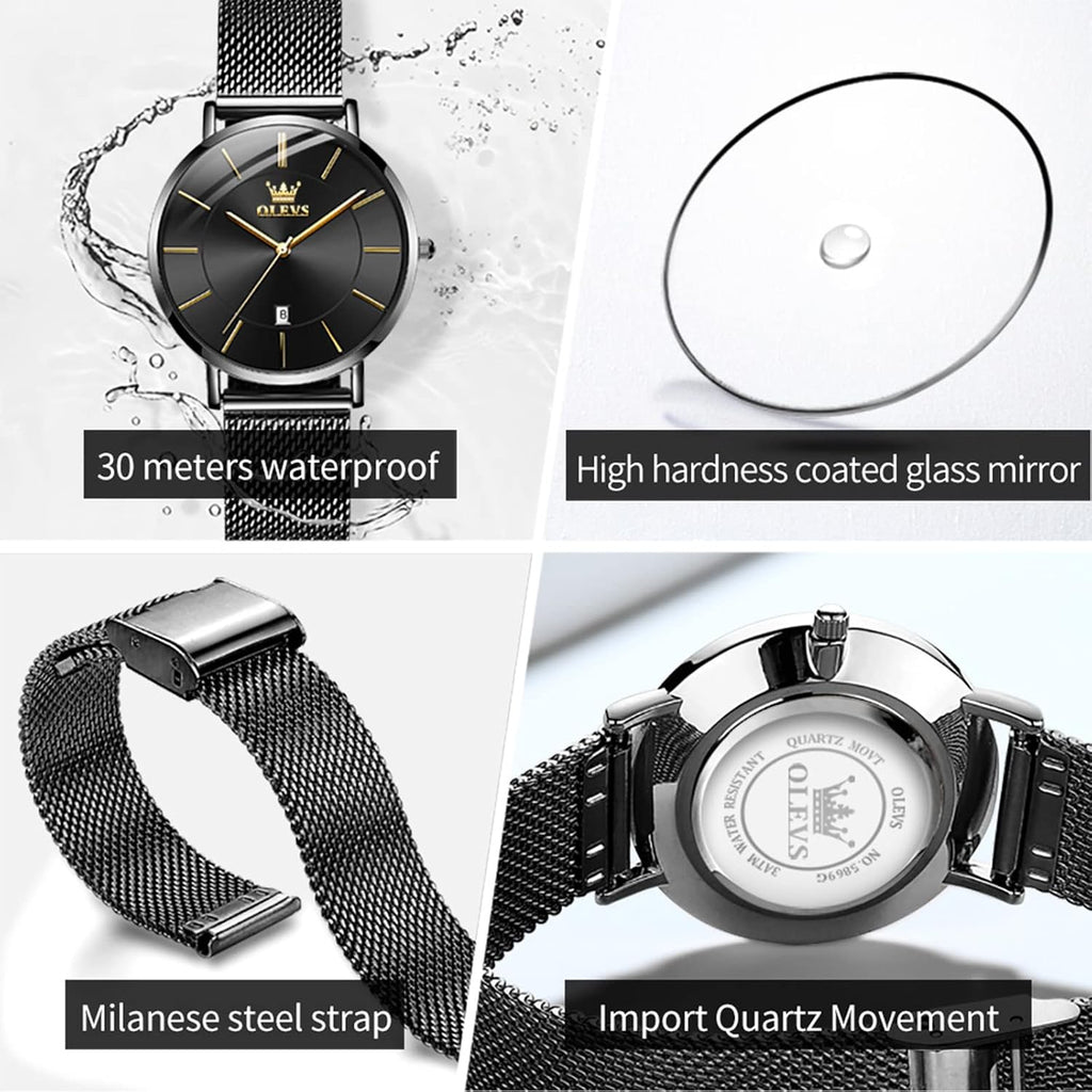 OLEVS Reloj de pulsera de malla para mujer, elegante cara grande de tres manecillas analógicas de cuarzo, reloj de pulsera femenino elegante y delgado con pantalla de fecha impermeable, relojes para