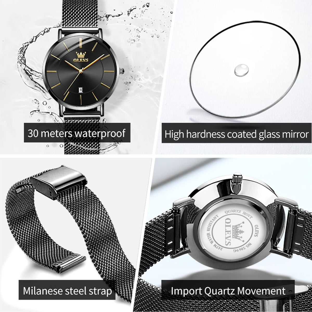 OLEVS Reloj de pulsera de malla para mujer, elegante cara grande de tres manecillas analógicas de cuarzo, reloj de pulsera femenino elegante y delgado con pantalla de fecha impermeable, relojes para