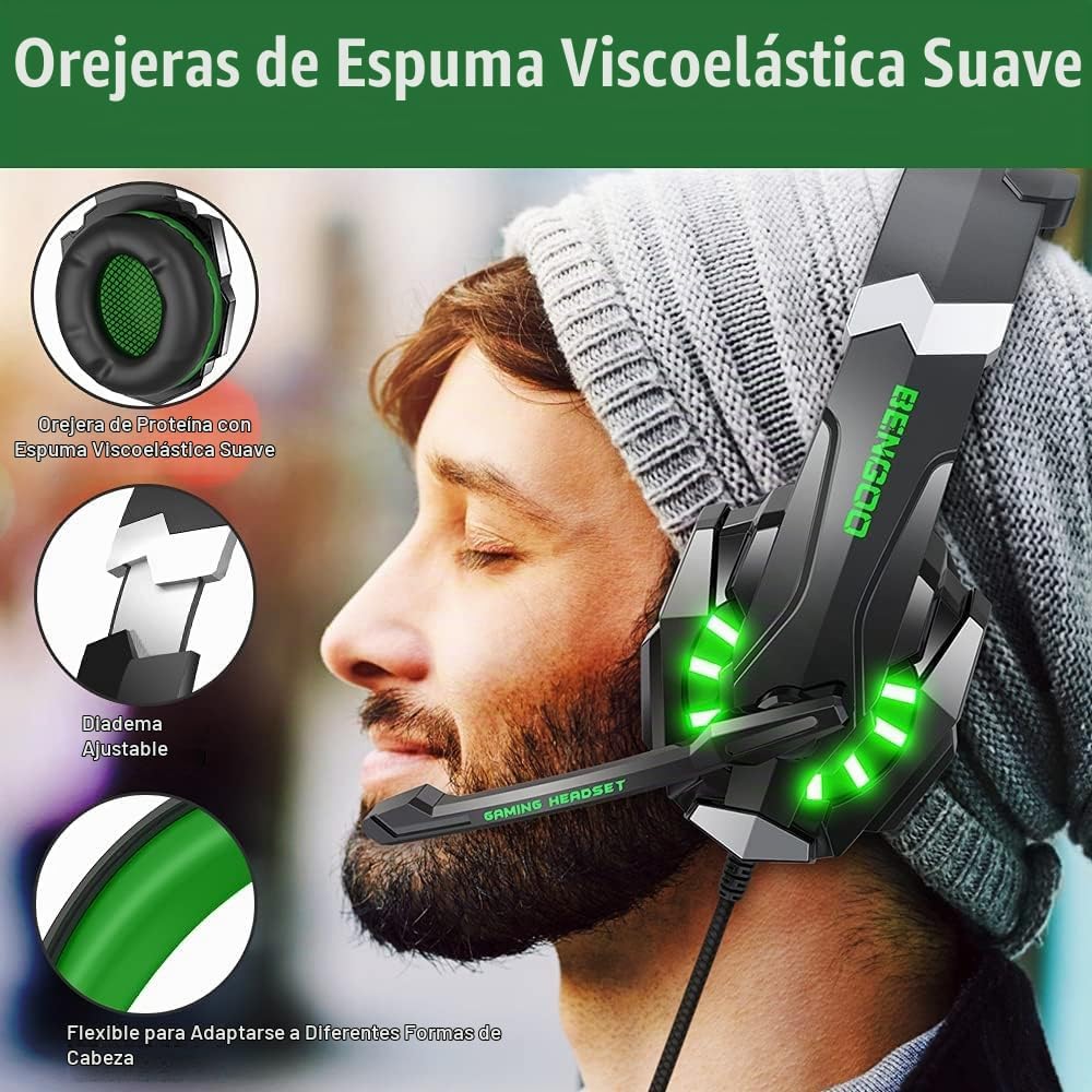 BENGOO G9000 - Auriculares de juego estéreo para PS4, PC, Xbox One, controlador PS5, auriculares con cancelación de ruido sobre la oreja con micrófono, luz LED, graves envolventes, orejeras de memoria