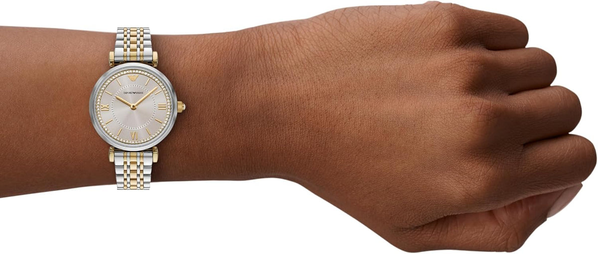 Emporio Armani Reloj de acero inoxidable bicolor de dos manos para mujer (Modelo: AR11702)