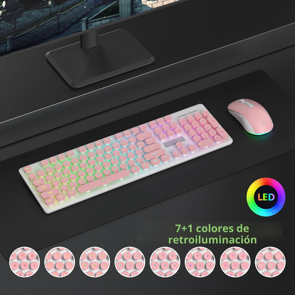 Vumilstek Teclado y mouse rosa retroiluminado, máquina de escribir...