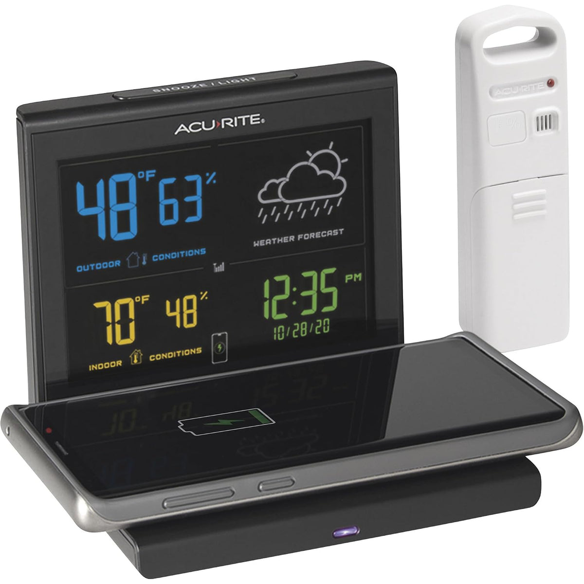 AcuRite Pronosticador de tiempo con almohadilla de carga inalámbrica, reloj despertador con temperatura y humedad interior/exterior y calendario (01193M), color negro