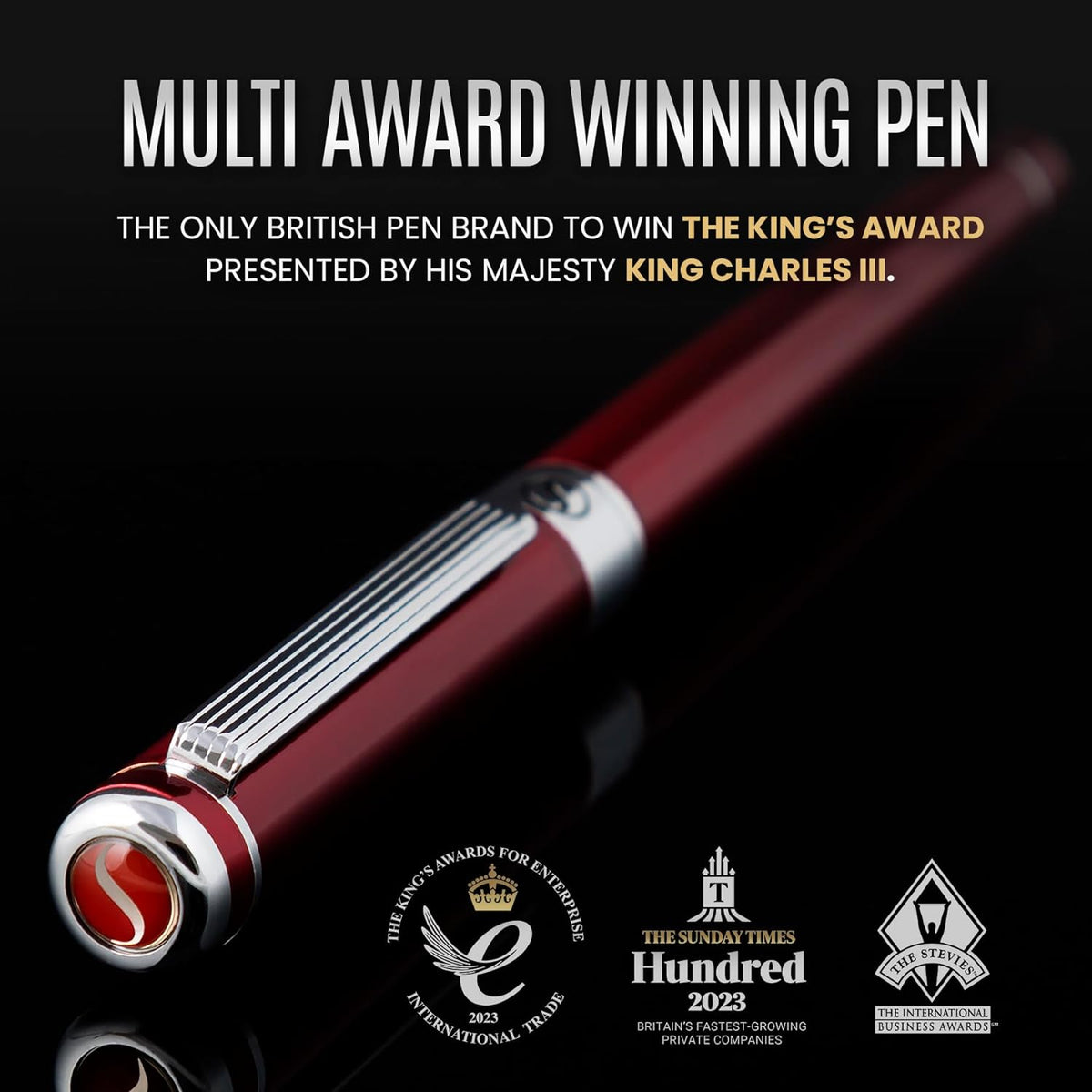 Scriveiner - Pluma fuente Deep Crimson Rojo – Impresionante pluma de lujo con acabado cromado, punta Schmidt (mediana), el mejor juego de regalo para hombres y mujeres, profesionales, ejecutivos, oficina, elegantes plumas fuentes