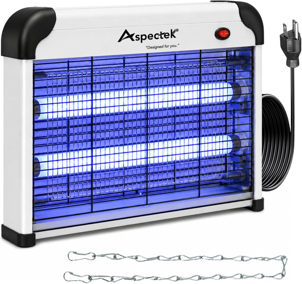 ASPECTEK Exterminador de insectos eléctrico de 20 W, mata insectos para interiores y exteriores cubiertos, trampa para mosquitos, moscas y polillas con malla protectora y cadena colgante para una