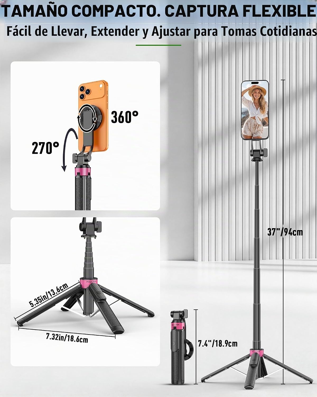 37'' Trípode Magnético para Teléfono, Trípode Portátil para Selfie y Base de 4 Patas