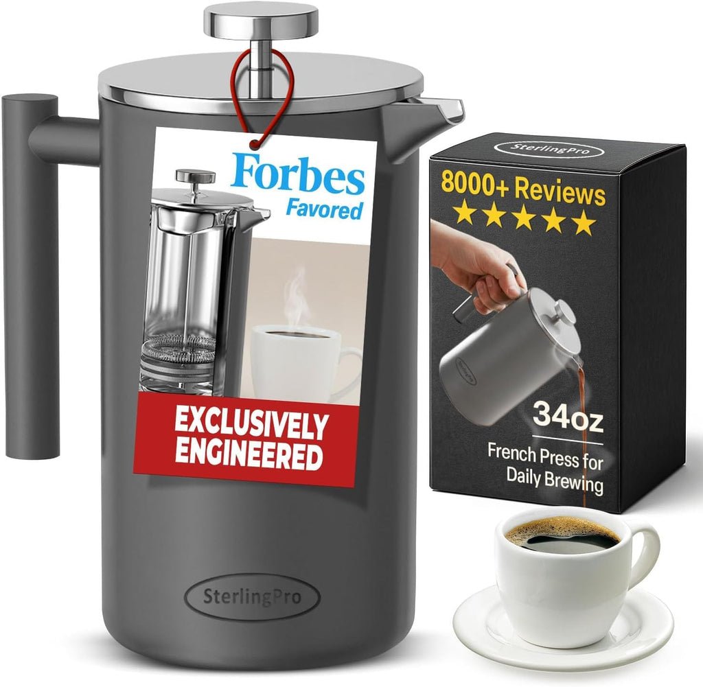 SterlingPro Cafetera de prensa francesa de acero inoxidable con aislamiento no tóxico, 34 onzas, cafetera de doble pared de metal aislada, sin plástico, tacto frío, acabado gris, hace hasta 8 tazas