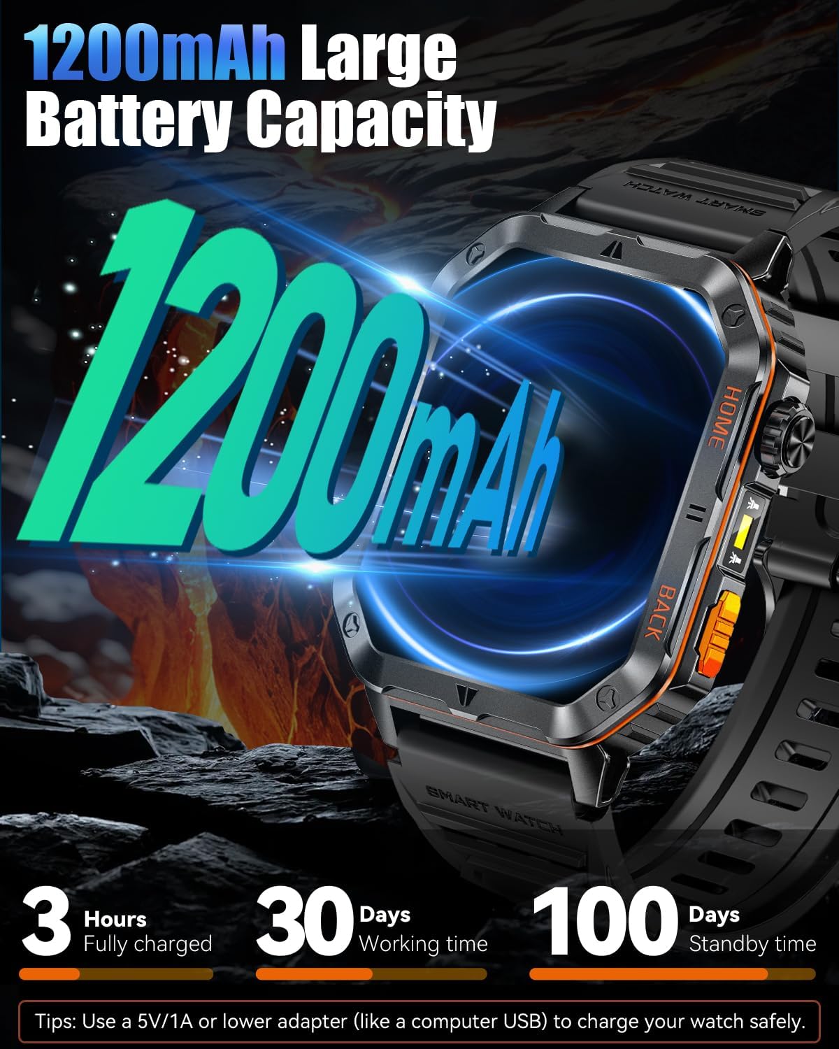 Military Smarty Watch para Hombres, Reloj Inteligente de 2.01" con Batería de 1200mAh, Linterna, Llamadas Entrantes/Salientes, Monitor de Ritmo Cardíaco/Sueño, 100+ Modos Deportivos, Fitness Tracker para Android/iPhone
