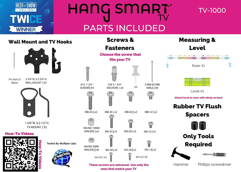 HangSmart TV® - Soporte de pared sin montante, original y patentado, fácil instalación, bricolaje para televisores de 19 a 100 pulgadas, soporta hasta 150 libras, se adapta a la mayoría de pantallas