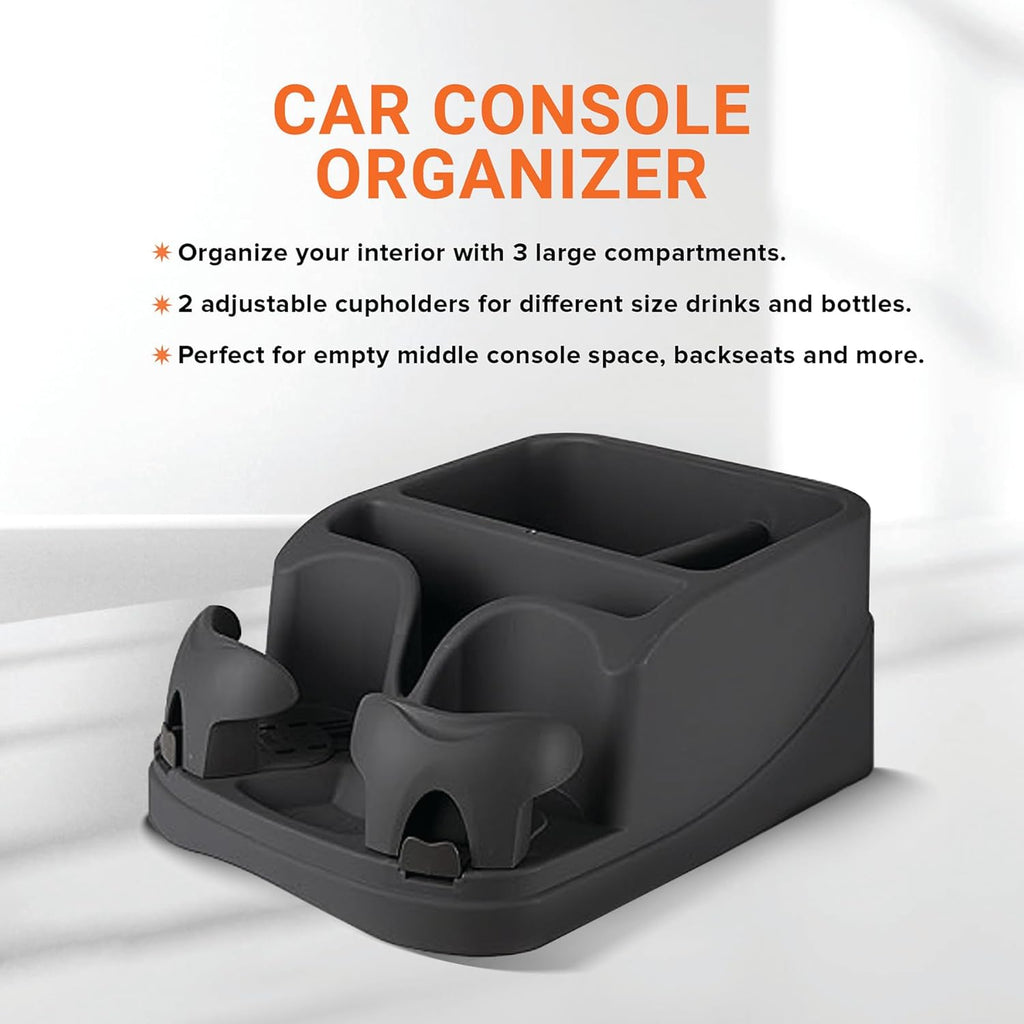 Armor All Organizador de consola de automóvil, organizador de asiento de automóvil con 2 portavasos ajustables, 3 compartimentos de almacenamiento grandes, cinturón de seguridad para sujeción segura