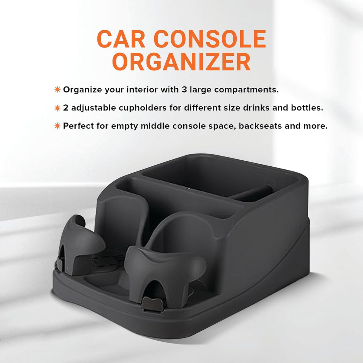 Armor All Organizador de consola de automóvil, organizador de asiento de automóvil con 2 portavasos ajustables, 3 compartimentos de almacenamiento grandes, cinturón de seguridad para sujeción segura