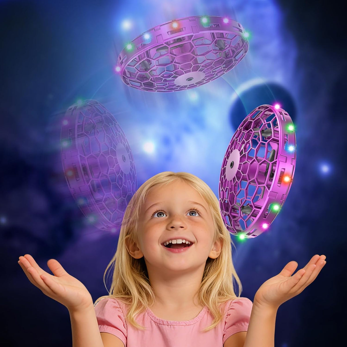 2pcs mano operado volando juguete drone para niños, con luces LED, juguete OVNI volador Drone para niños - Azul y rosa