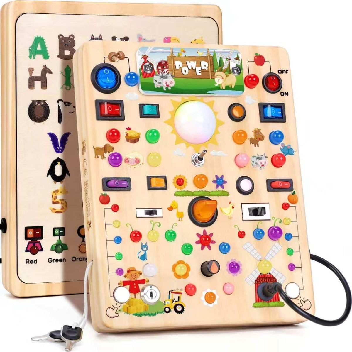Tablero de actividades con interruptores de luz LED, juguetes Montessori para niños de 1, 2, 3 años, tablero de actividades sensoriales de madera para niños pequeños, juguetes de viaje para niños y