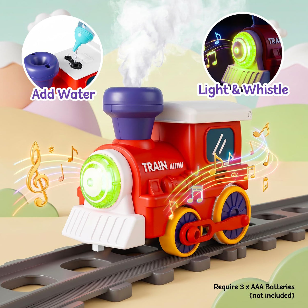 Juego de tren eléctrico para niños pequeños con vapor, luces y música