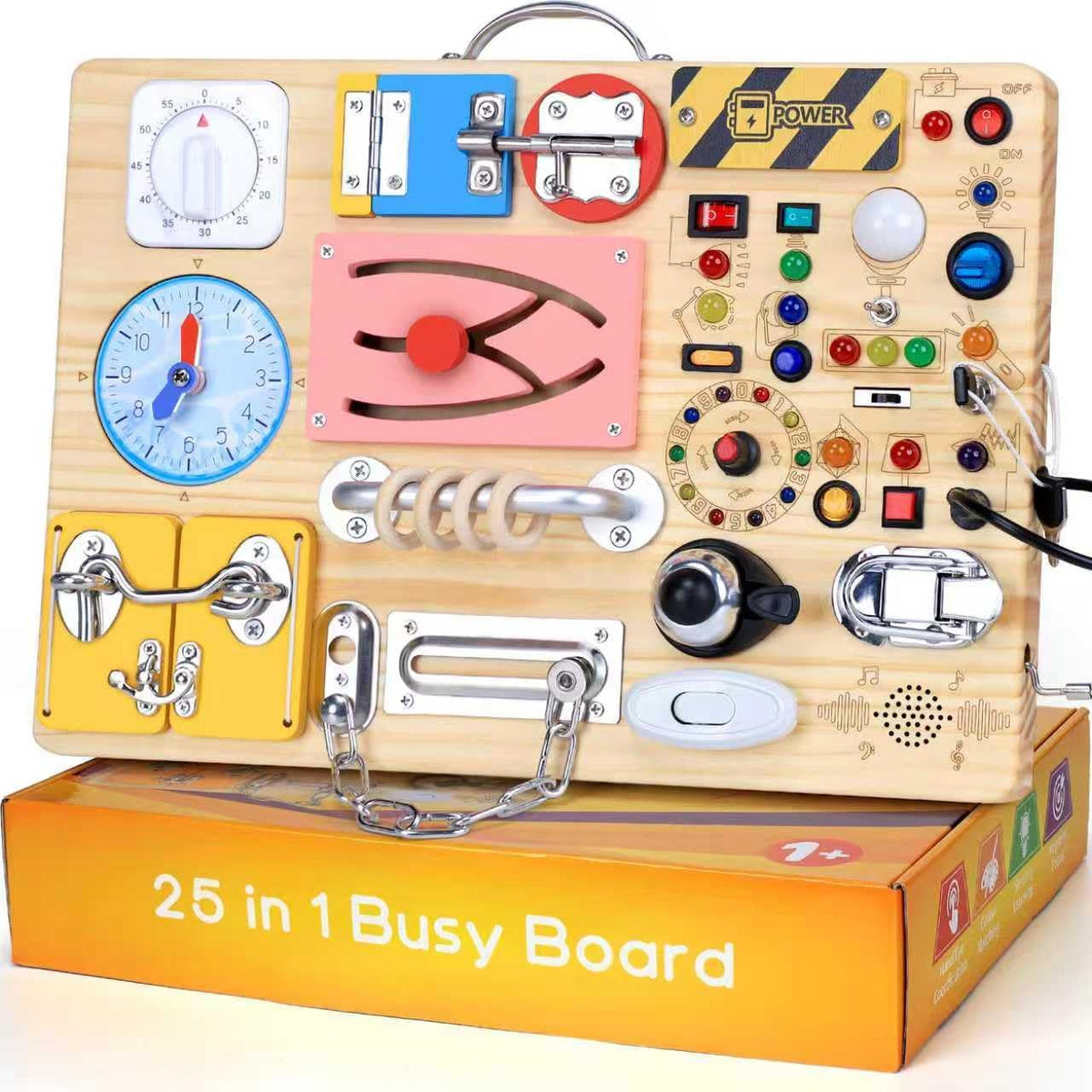 Tablero de actividades 25 en 1 con 13 interruptores de luz LED y 12 actividades, juguetes Montessori para niños de 1, 2, 3 años, tablero sensorial de madera, juguetes de viaje para niños pequeños de 1 año o más, regalo de cumpleaños (extragrande)