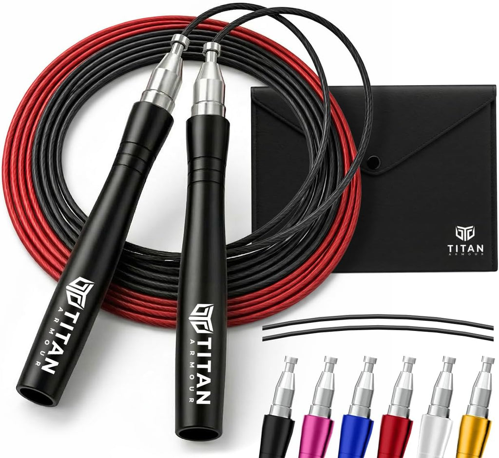 Titan Armour® Cuerda de velocidad – Cuerda profesional autobloqueante y ajustable, cuerdas de salto de velocidad para adultos para fitness | 2 cuerdas de acero, protector de cable y estuche de viaje |