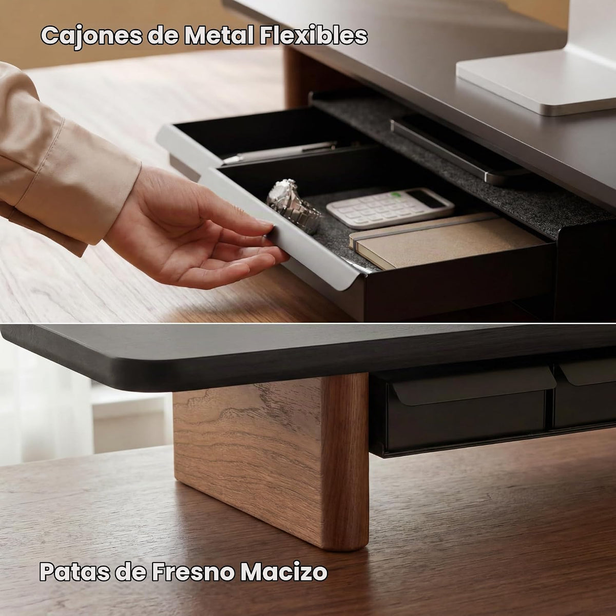 Fenge Soporte Modular Elevador para Doble Monitor con Pata de Madera de Fresno Macizo, 42.5" Negro