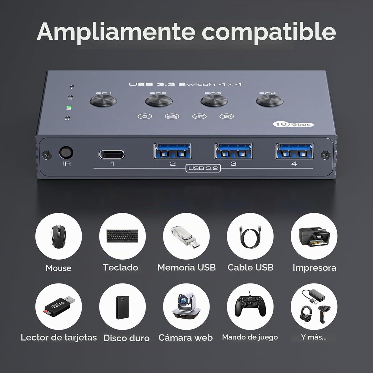 Selector de interruptor USB 3.2 4 computadoras comparten 1 USBC y 3 dispositivos USBA 10Gbps interruptor USB de 4 puertos para compartir teclado, ratón, impresora, escáner con cable, control remoto y