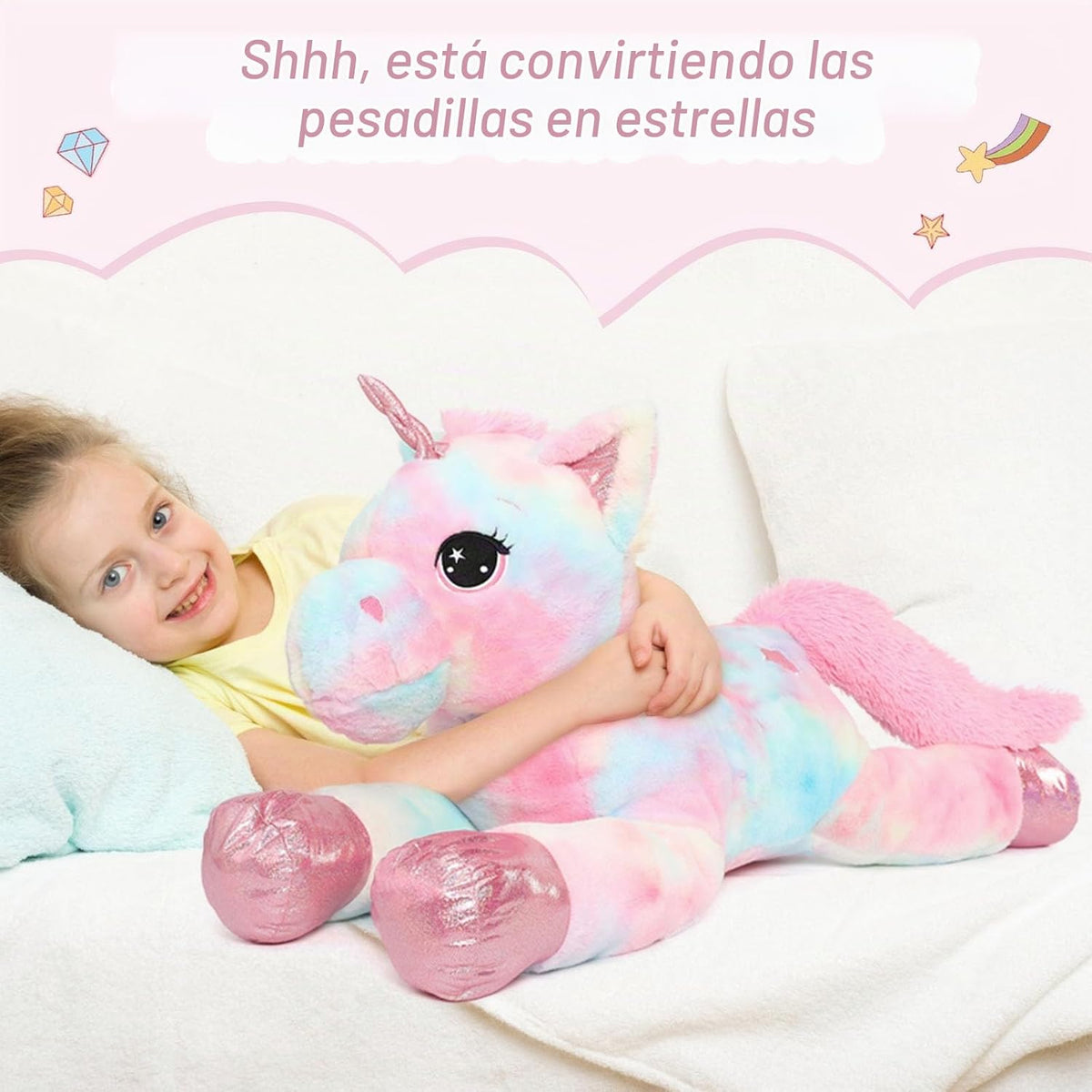 Muiteiur Animal de peluche de unicornio de 43.4 pulgadas, unicornio de peluche gigante para niñas, almohada de felpa suave, regalos para niñas y niños, rosa