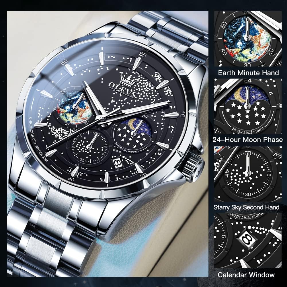 Reloj para Hombre OLEVS Esfera Cielo Estrellado Fase Lunar Lujo Negocios Analógico Cuarzo Clásico Casual Fecha Resistente al Agua Luminoso