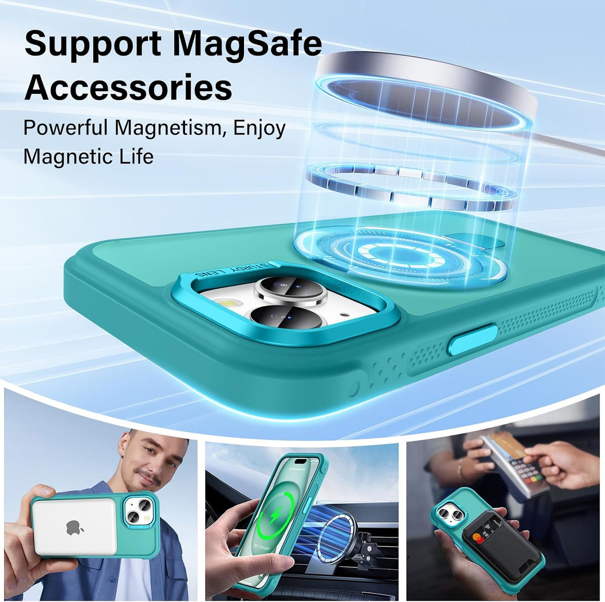Carcasa para iPhone 15 con soporte magnético, color cian oscuro