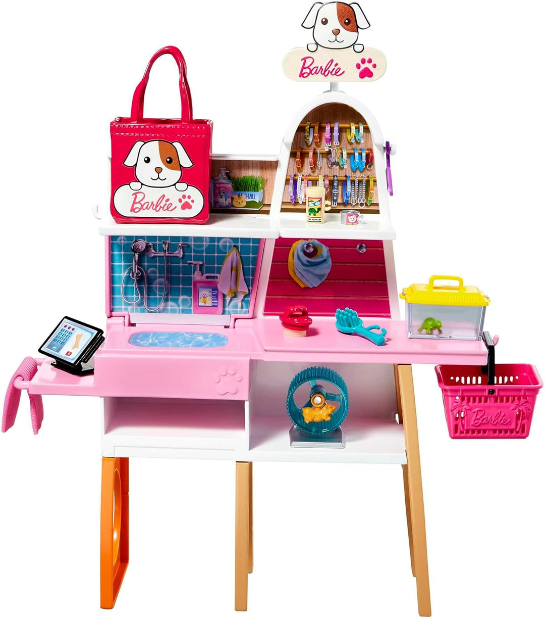 Barbie - Muñeca y set de juego de tienda de mascotas con 4