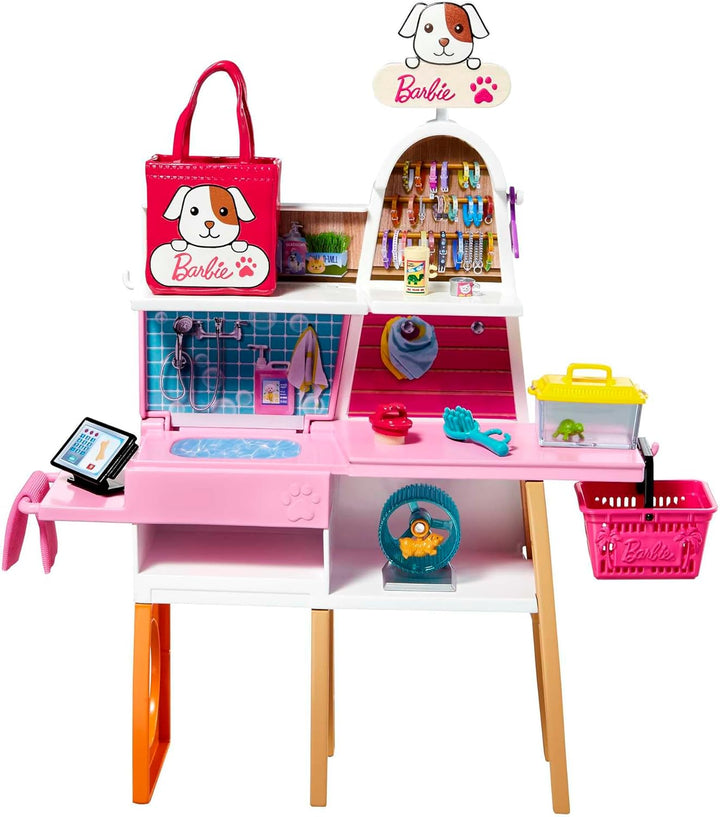 Barbie - Muñeca y set de juego de tienda de mascotas con 4