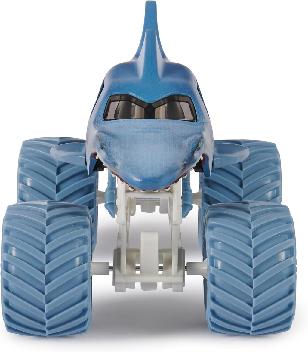 Monster Jam Camión monstruo oficial Megalodon - Retro 2017 edición original a escala 1:24 vehículo fundido a presión, llantas cromadas y neumáticos BKT para uso en todos los juegos de juego