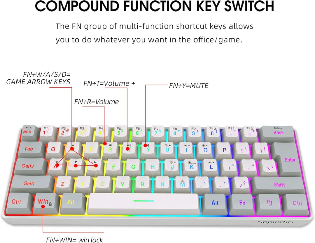 Snpurdiri - Teclado para videojuegos 60% con cable, pequeño, retroi...