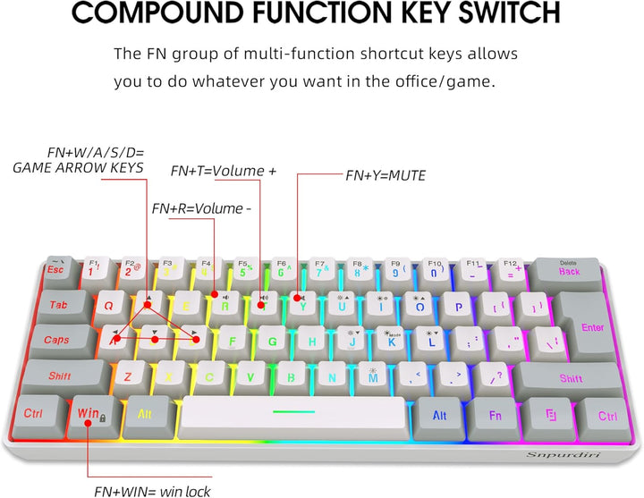 Snpurdiri - Teclado para videojuegos 60% con cable, pequeño, retroi...